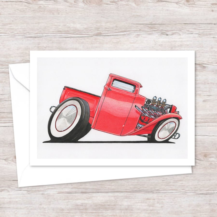 Red Pick Up Truck Greeting Card: Hand Drawn Classic American Design (411)
