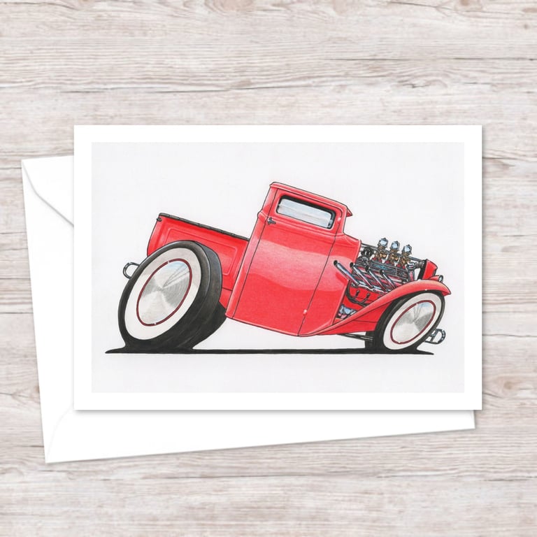 Red Pick Up Truck Greeting Card: Hand Drawn Classic American Design (411)