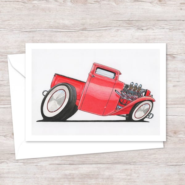 Red Pick Up Truck Greeting Card: Hand Drawn Classic American Design (411)