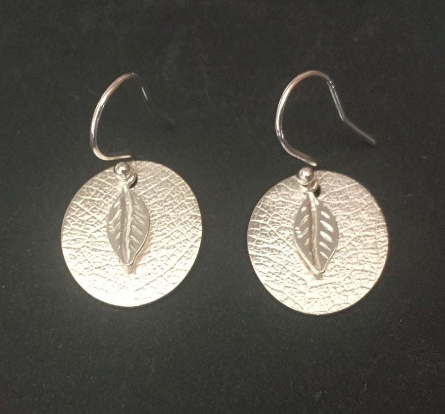 Sterling Silver Leaf Disc Charm Earrings, 925 Silver Dangle Earrings