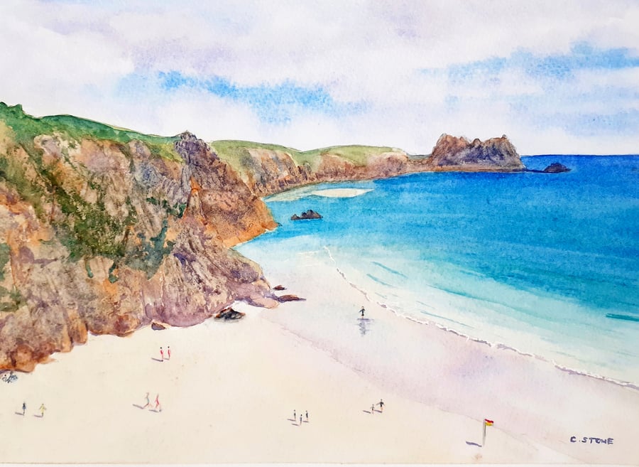 Original watercolour painting, The Beach, Porthcurno, Cornwall.