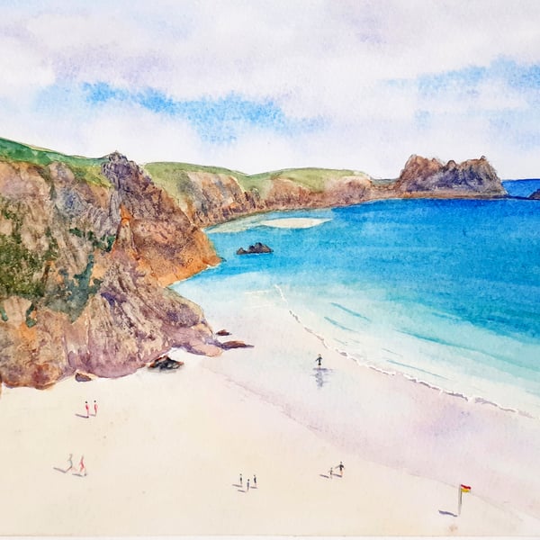 Original watercolour painting, The Beach, Porthcurno, Cornwall.