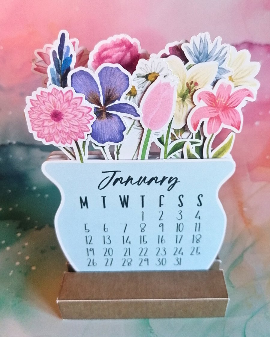 Floral Vase Desk Calendar - stackable calendar for 2026 card stand included