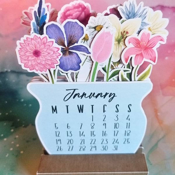 Floral Vase Desk Calendar - stackable calendar for 2026 card stand included