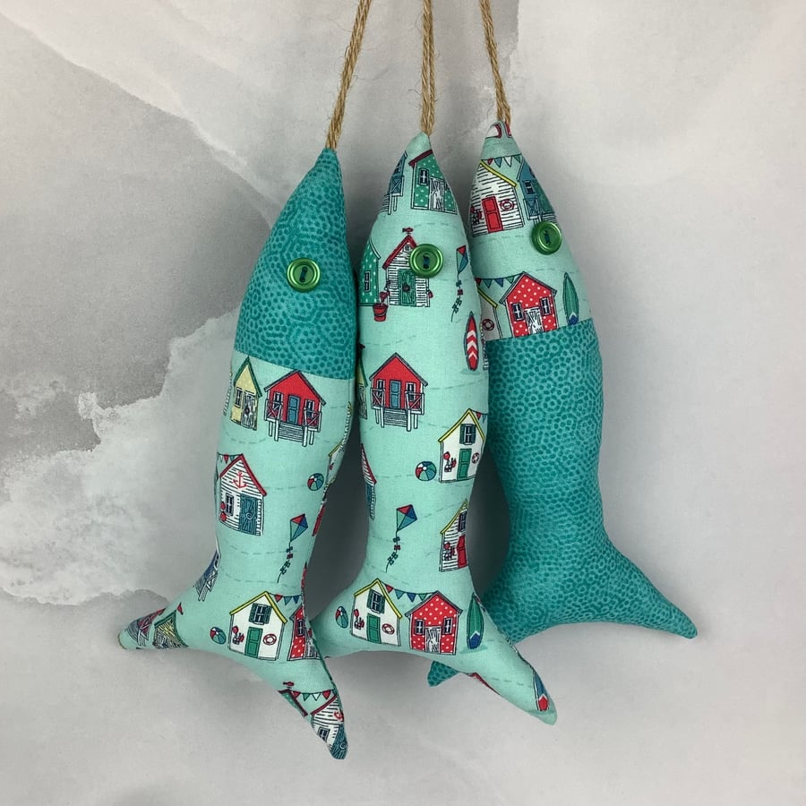Beach huts hanging fabric fish set, Handmade