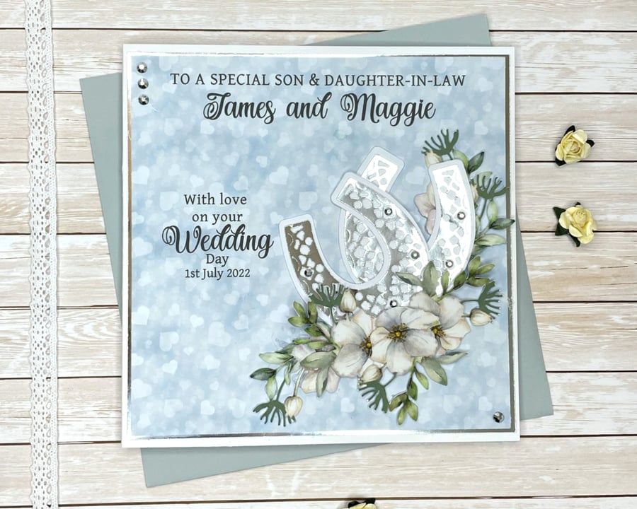 Handmade Personalised Horseshoes Wedding Day Card - Son, Daughter, 2 Sizes Boxed