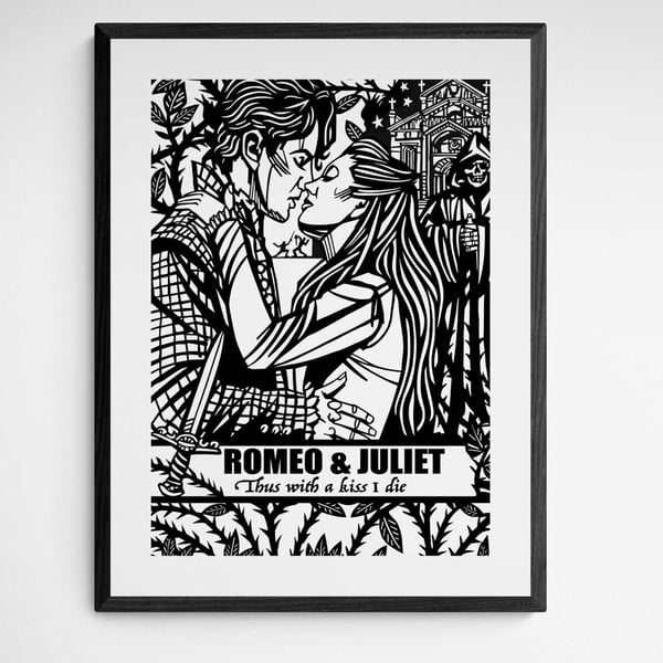 ROMEO AND JULIET print, Black line artwork, William Shakespeare archival quality