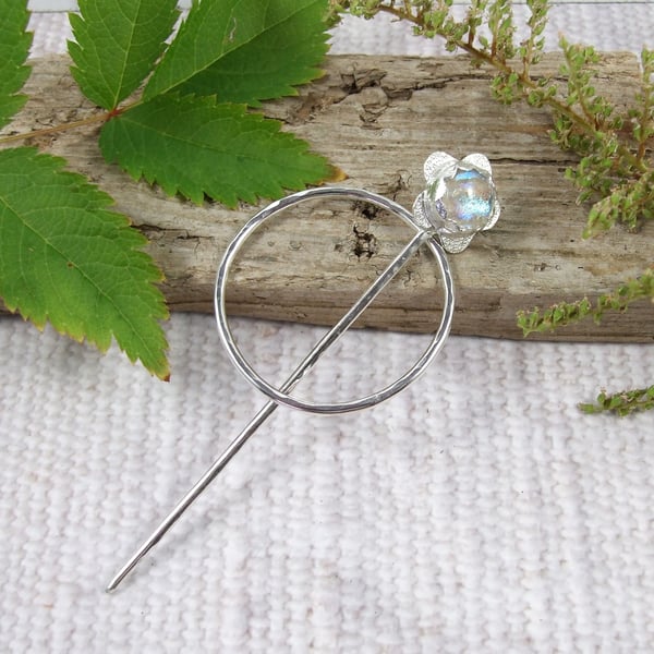 Shawl Pin, Sterling Silver Flower with White Shimmer Dichroic Glass