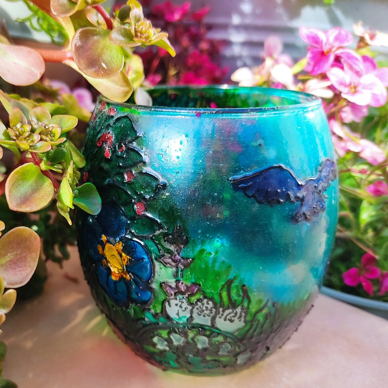 Hand-Painted Blue Bird & Flower Garden Tealight Holder – Sun Catcher