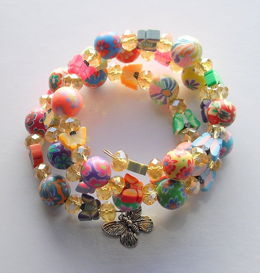 Butterfly and Polymer Clay Bead Memory Wire Bracelet