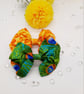 Clip on hair bow set, peacock and yellow giraffe cotton fabric.   - Image 1
