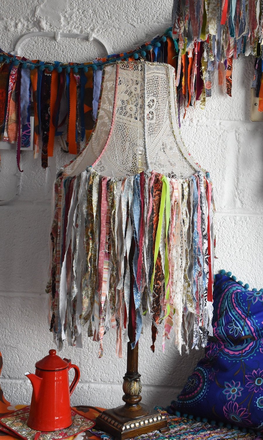 Unique Granny Chic Recycled Vintage Lace Fabric Lampshade Rag Fringe