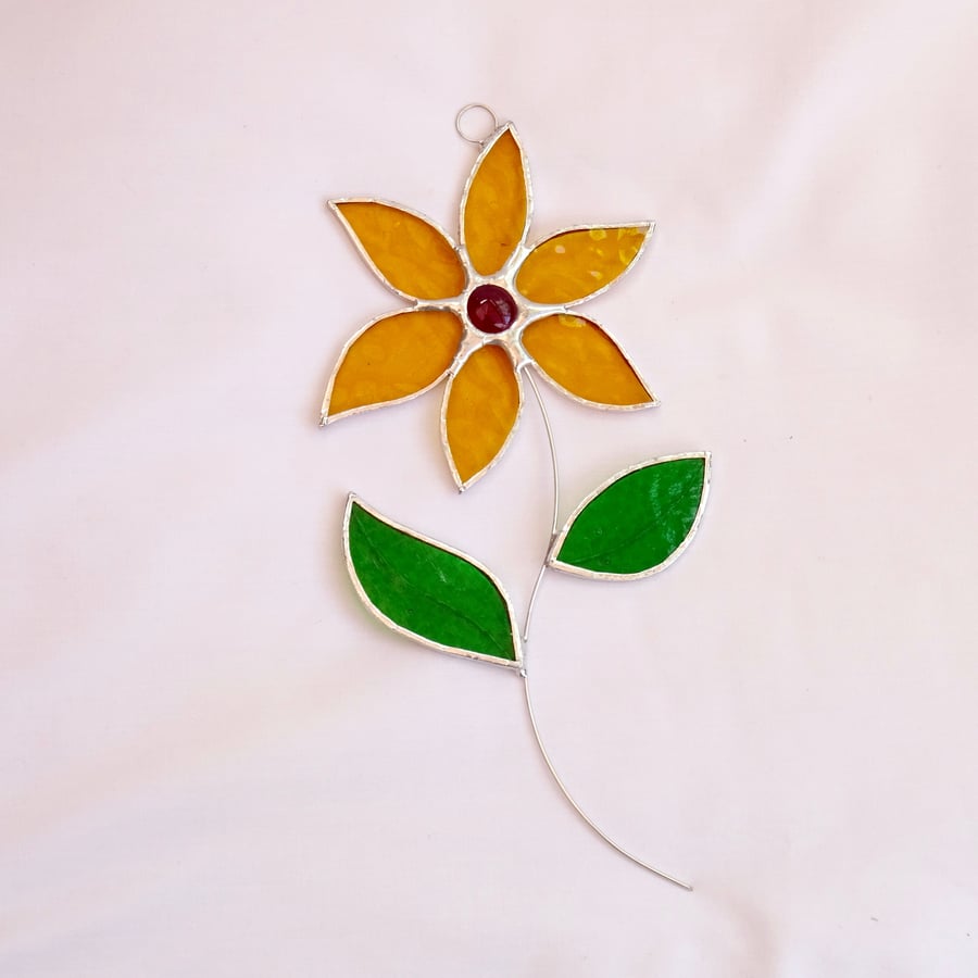 Stained Glass Flower Suncatcher - Handmade Hanging Decoration Amber