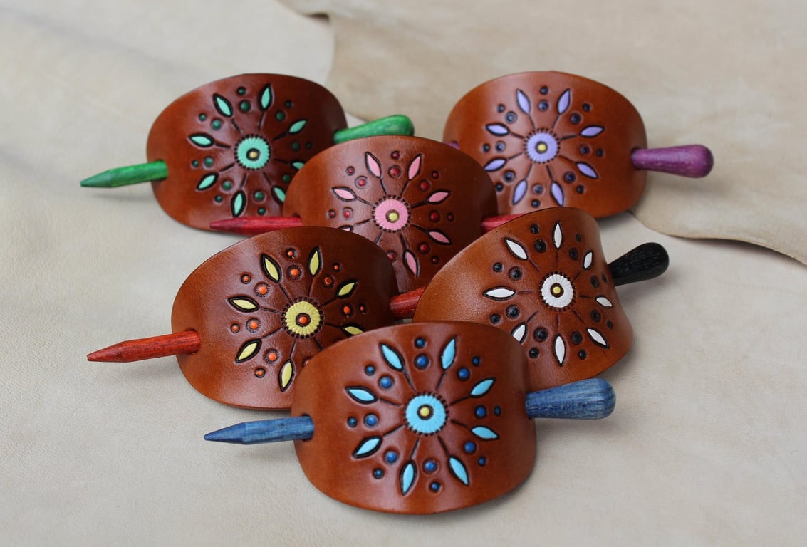 Leather Stick Barrette, Medium Leather Hair Slide with Turned Wooden Stick, Hand