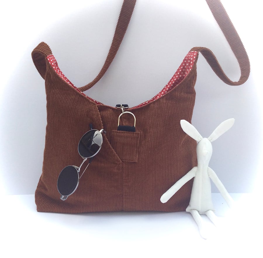 Up cycled, repurposed brown corduroy handbag