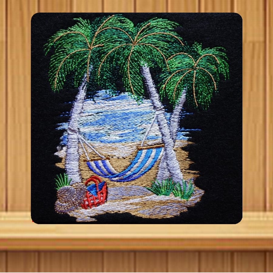 Handmade palm trees and hammock greetings card embroidered design