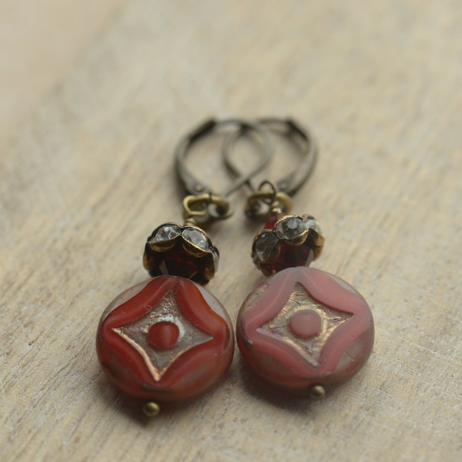 Red Czech Star Bead with Diamante Rondelle & Swarovski Crystal Handmade Earrings