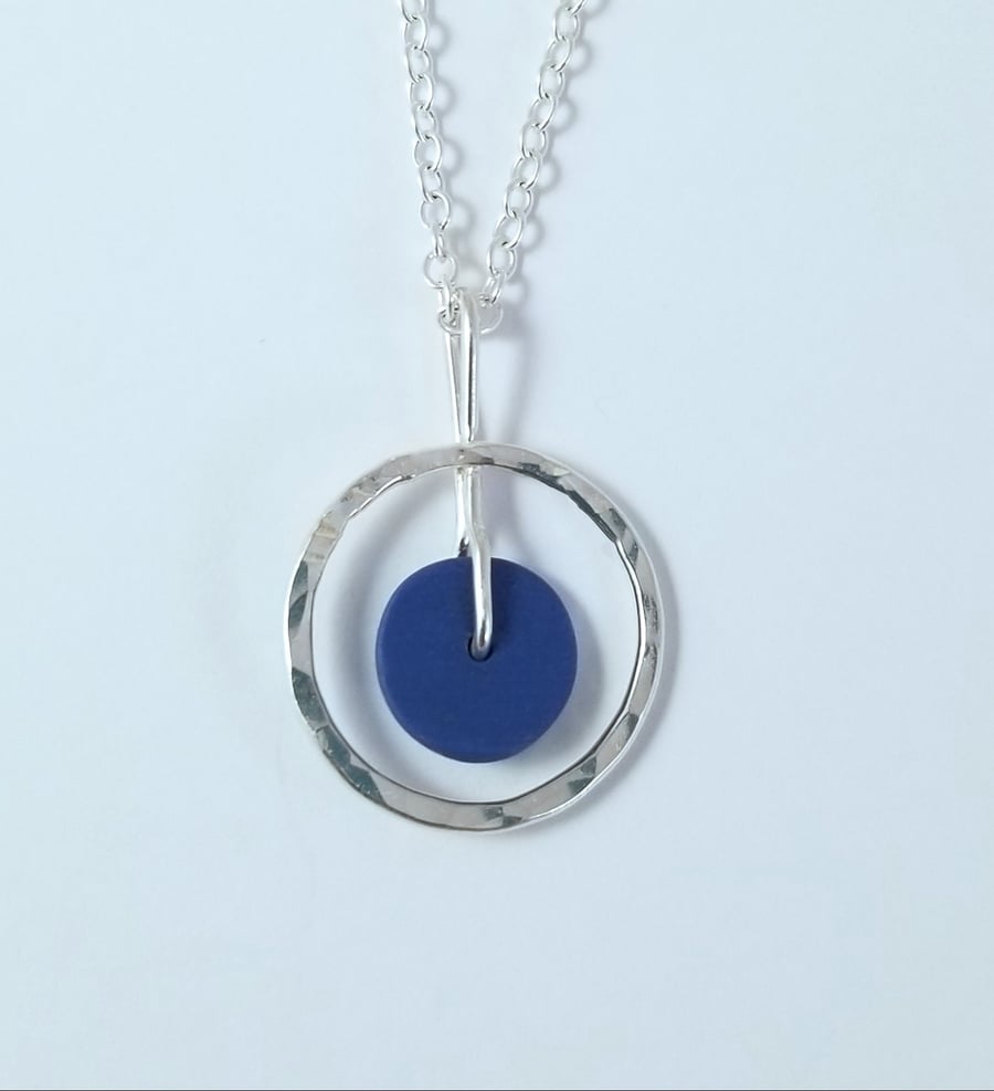Necklace blue porcelain button, drop sterling silver, 16 inches