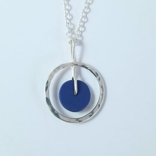 Necklace blue porcelain button, drop sterling silver, 16 inches