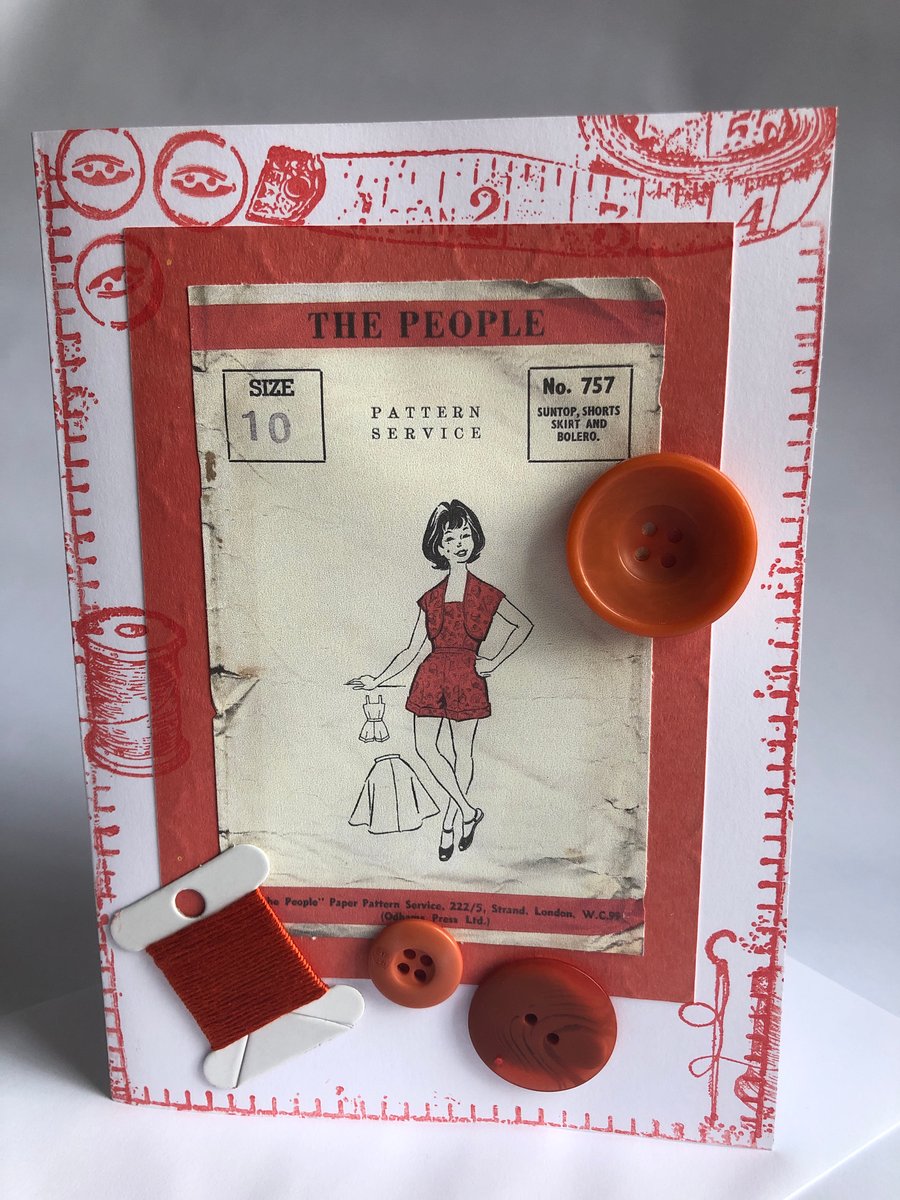 Vintage Child's Sun Suit Sewing Pattern Red Blank Birthday Greeting Card