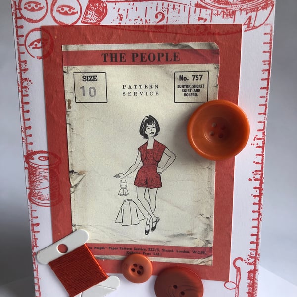 Vintage Child's Sun Suit Sewing Pattern Red Blank Birthday Greeting Card