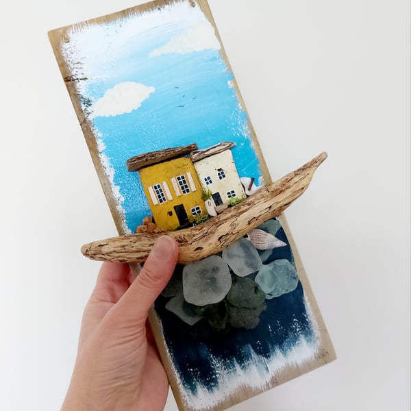 Sea Glass Art Picture, Driftwood, Coastal Wall Hanging, Rustic, Reclaimed Gift