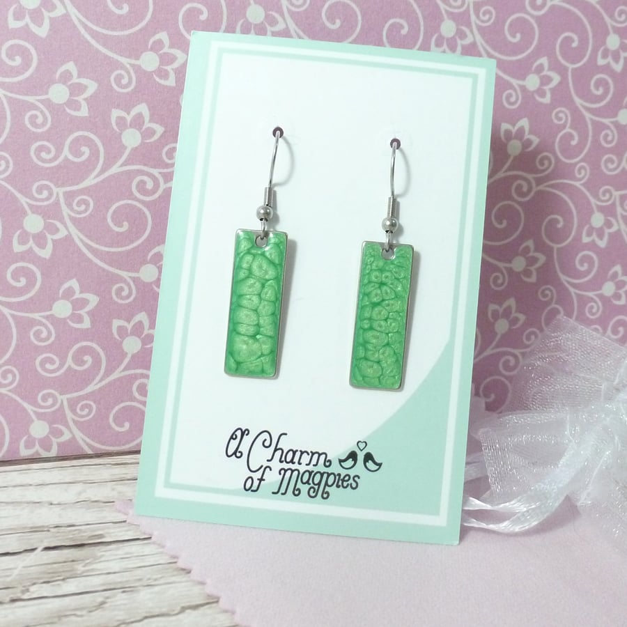 Small bright green dangle earrings, colourful dainty steel earrings