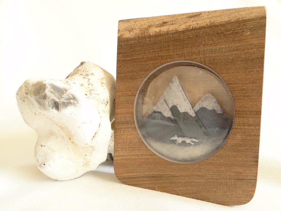  Mountain Range Embroidery  Diorama - Silver Wolf -Handmade Oak Shadow Box Frame