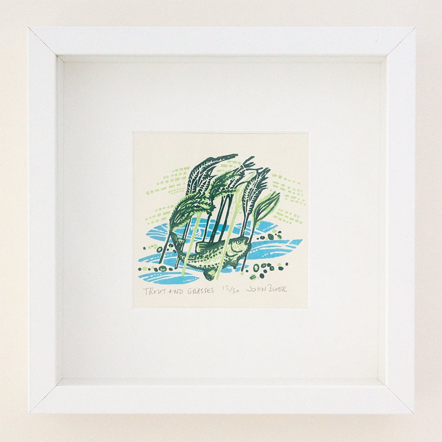 Flow and Furrow "Trout and Grasses" woodcut print framed