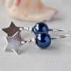 Dark Blue Pearl Earrings - Silver Star - Sterling Silver