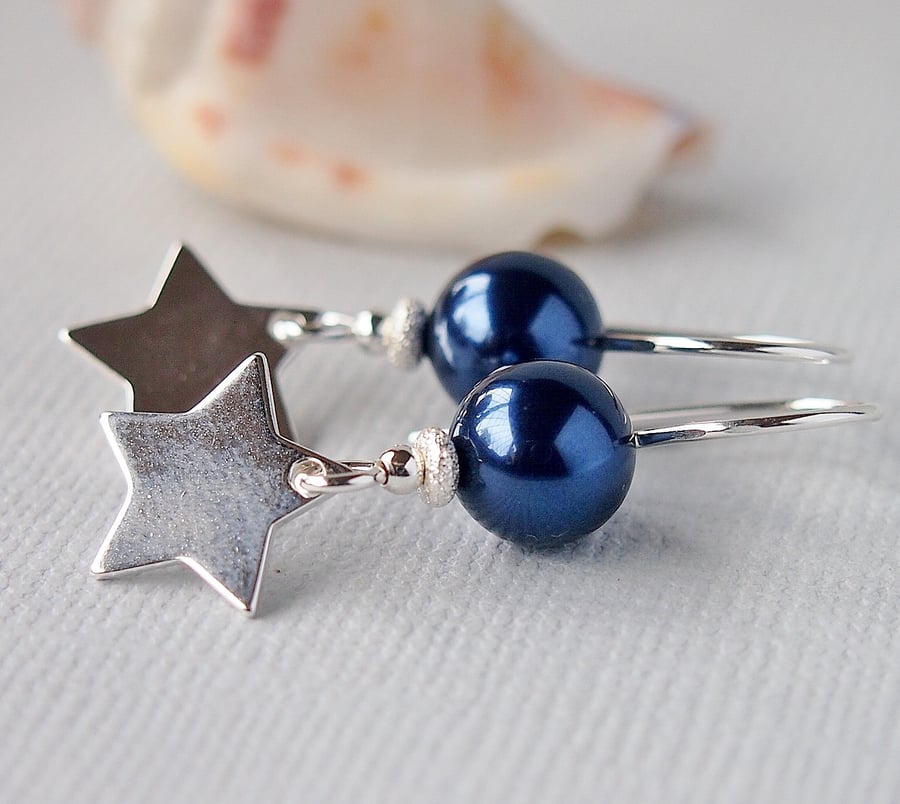 Dark Blue Pearl Earrings - Silver Star - Sterling Silver