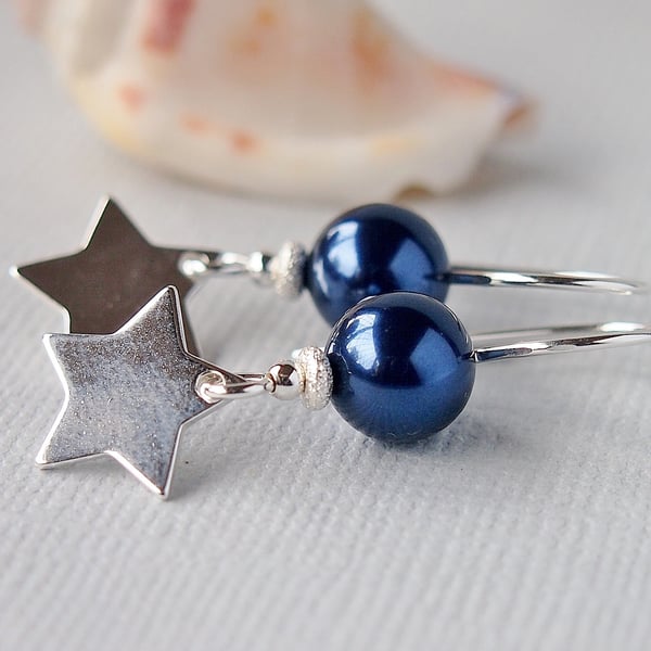 Dark Blue Pearl Earrings - Silver Star - Sterling Silver