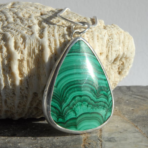 Malachite and sterling silver tear drop pendant