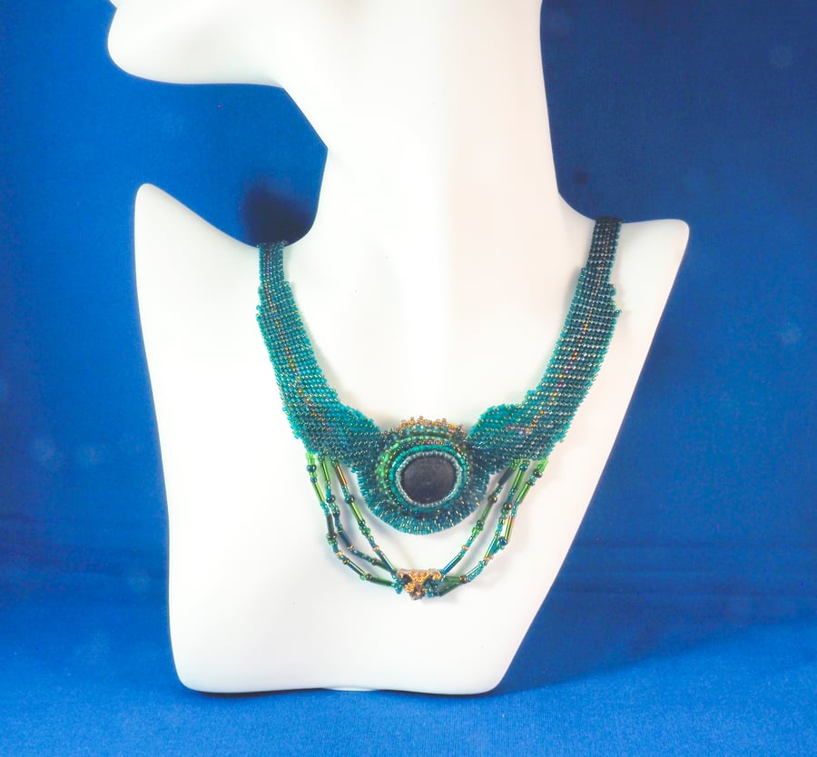  Beaded Necklace Green Cleopatra Style with Sea Glass.