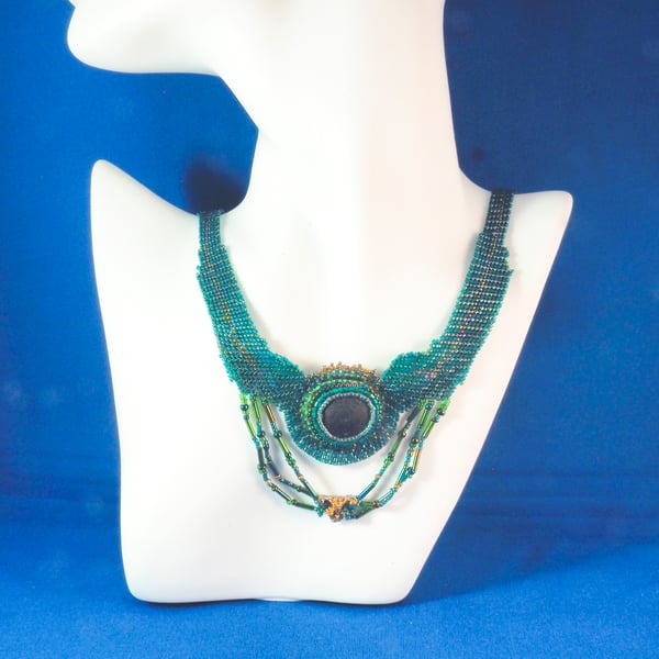  Beaded Necklace Green Cleopatra Style with Sea Glass.