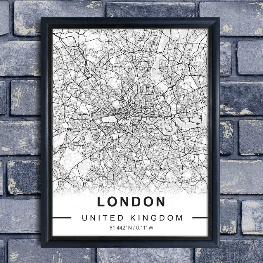 Map of LONDON, Cityscape Poster, Black and White City Map, Framed Wall Art
