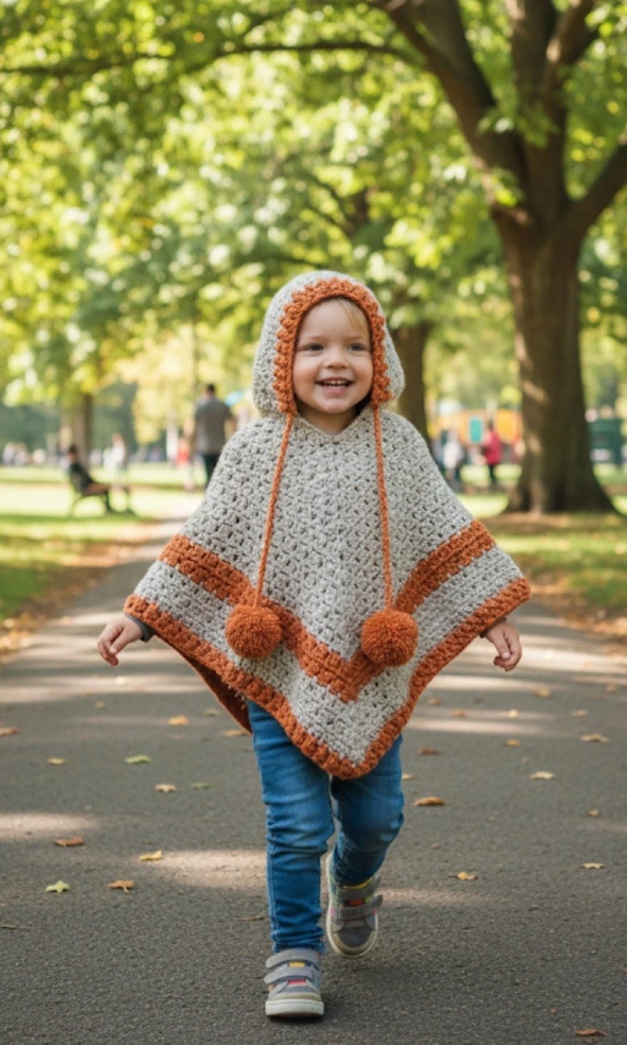 Handmade Crochet Hooded Poncho Child Chunky Pompoms Warm Winter Cosy