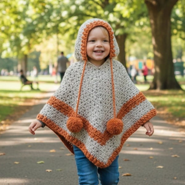 Handmade Crochet Hooded Poncho Child Chunky Pompoms Warm Winter Cosy