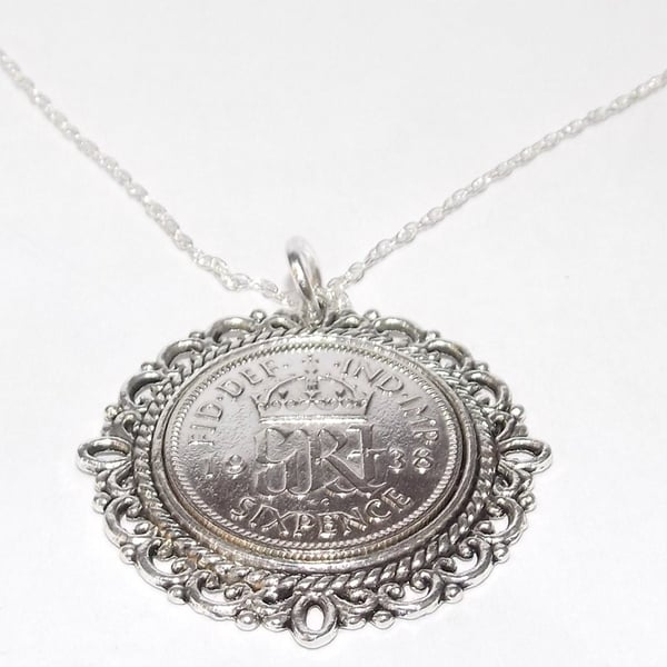 Fancy Pendant 1938 Lucky sixpence 86th Birthday plus a Sterling Silver 22in Chai