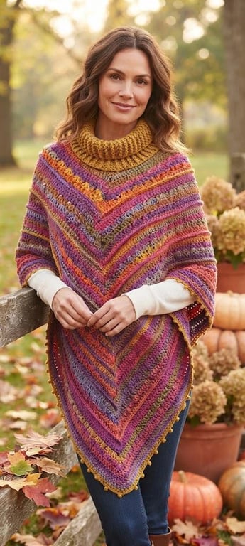 Handmade Gradient Sunset V-Stitch Cowl Neck Crochet Poncho