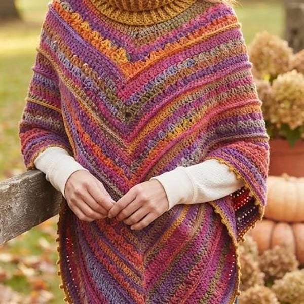 Handmade Gradient Sunset V-Stitch Cowl Neck Crochet Poncho