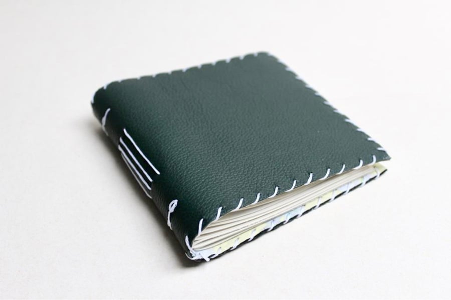 Small Green Handmade Leather notebook Floral Fabric Lining recycled Paper