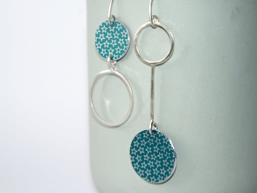 Silver and teal starry mismatched drop earrings