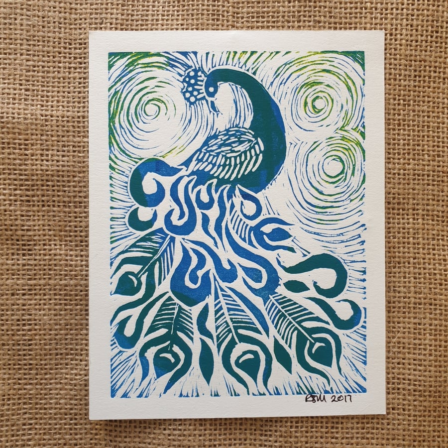Peacock, original linocut print 