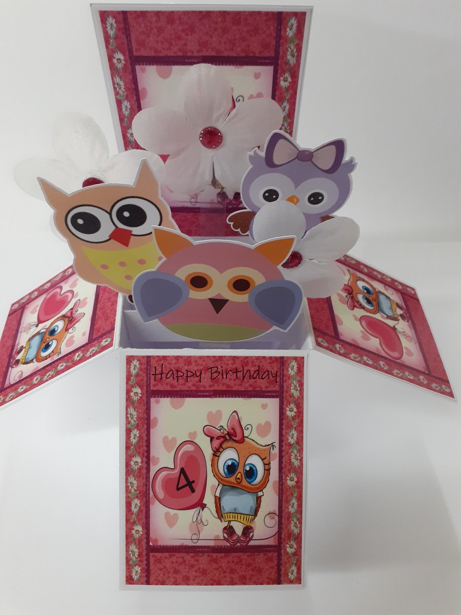 Girls 4th Birthday Card with Owls