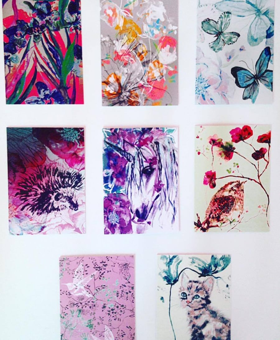 Set Of 8 Beautifully Illustrated Greetings Cards, Blank Inside for own message