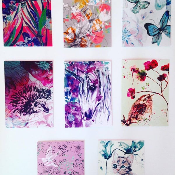 Set Of 8 Beautifully Illustrated Greetings Cards, Blank Inside for own message