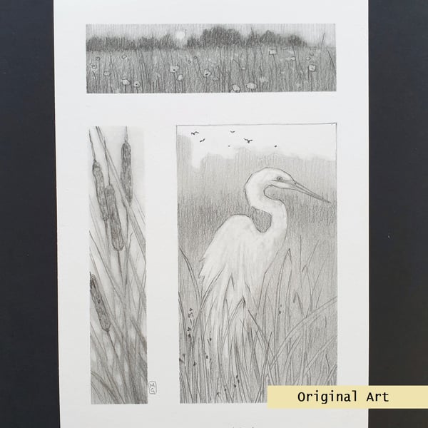 Pencil drawings 2 - Egret, Landscape and reedmace, original art, A5 drawing