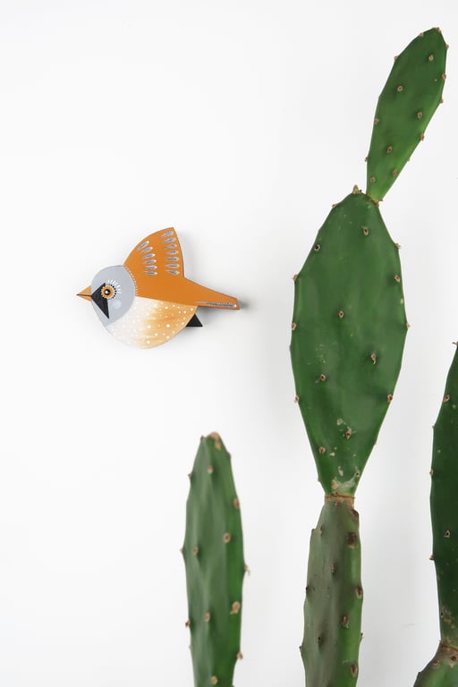 Bearded tit wall or shelf decoration, miniature flying bird, british birds art.
