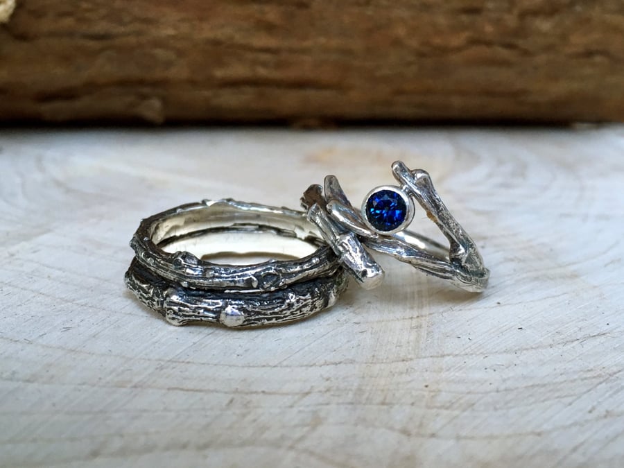 Handmade Sapphire Twig Wedding Ring Set